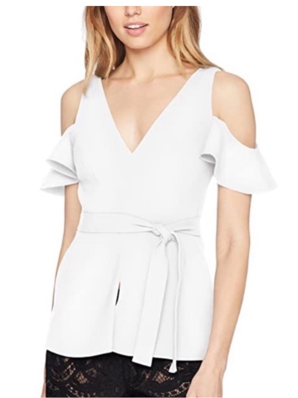 BCBGMaxAzria White V-Neck Peplum Top with Back Zip